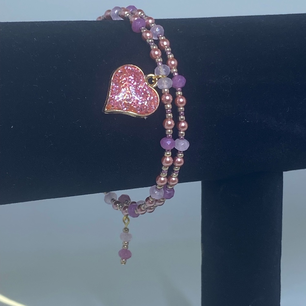 Pink Heart Charm Beaded memory Wire Bracelet